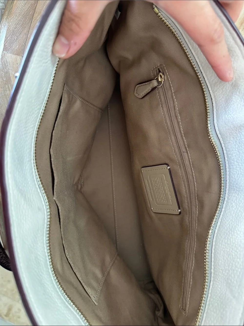 Coach Two-Tone Leather Tote in Cream and Peach with Gold Hardware